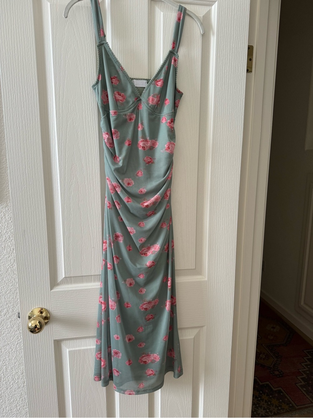 Sage Green Slip Midi Dress with Pink Rose Print